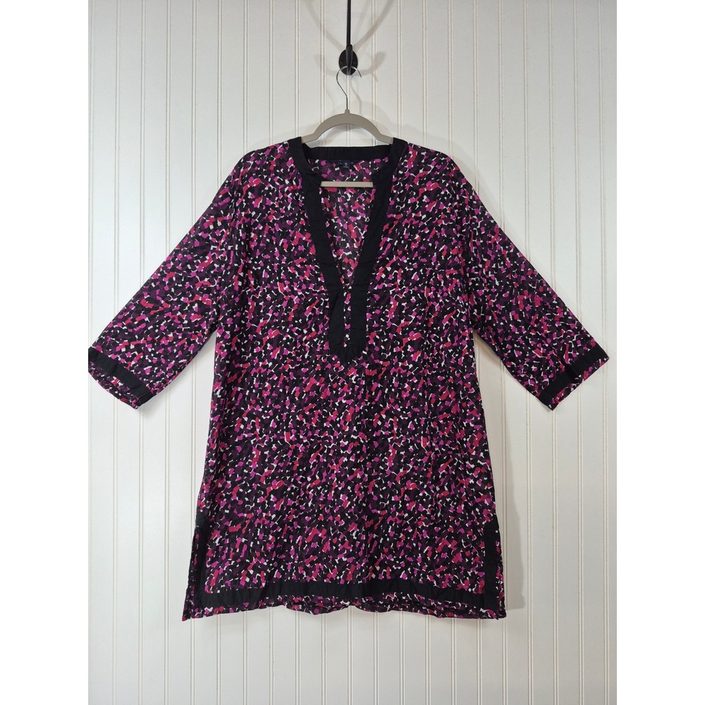 Lands End Purple Pink Mosaic 3/4 Sleeve Split Neck Sheer Tunic Top CoverUp XL 18